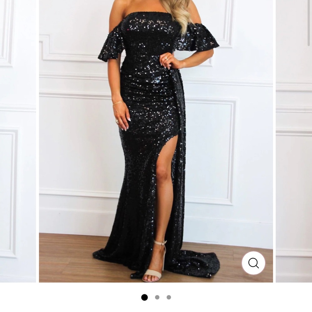 Black Sequin Ruffled Off-Shoulder Gown